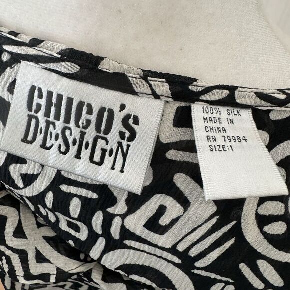 Vtg Chico's DESIGN 100% Silk Crinkle Top Blouse Sz 1 M Black White‎ Ruffle Tunic - Picture 7 of 11